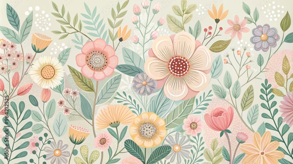 Whimsical Floral Card Design with Soft Pastel Hues and Hand-Drawn Illustrations Whimsical Floral Card Design with Soft Pastel Hues and Hand-Drawn Illustrations