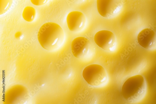 Texture of yellow cheese with large holes close up. Detailed photo of cheese surface in macro