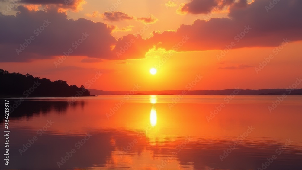 Sunset Over Water. A vibrant orange sunset casting long shadows over a calm, reflective lake. Generative image Ai Sunset Over Water. A vibrant orange sunset casting long shadows over a calm, reflective lake. Generative image Ai