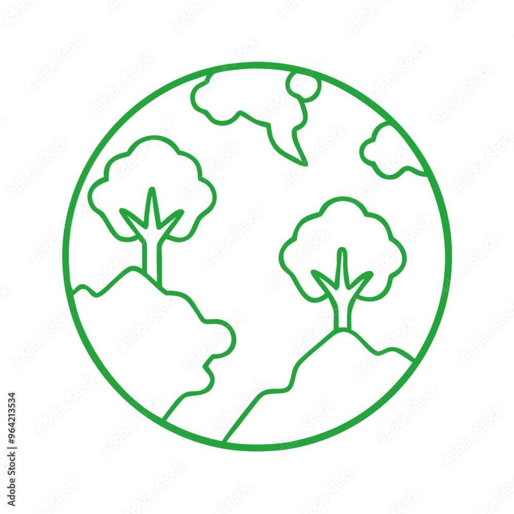 Green Earth with Trees Line Icon on Transparent Background Green Earth with Trees Line Icon on Transparent Background