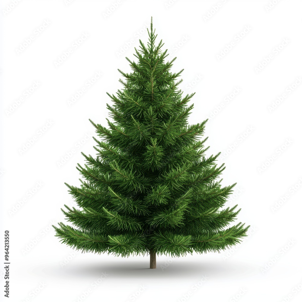 A tall green pine tree stands alone on a white background A tall green pine tree stands alone on a white background