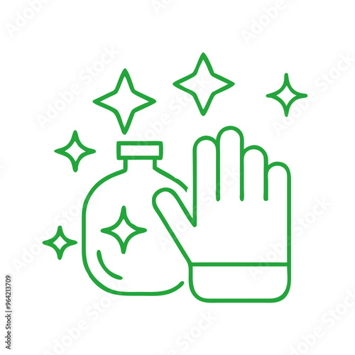 Green Cleaning Line Icon with Hand on Transparent Background