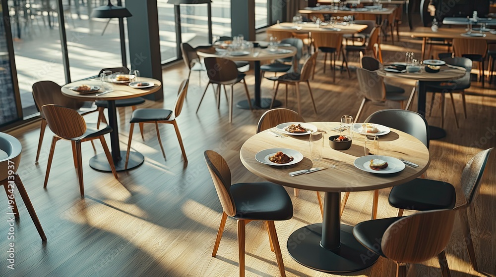 Fototapeta premium Minimalist restaurant interior with chairs and round tables with dishes in row, hardwood floor. Cozy cafe eating space with modern furniture and lamps. 3D rendering.