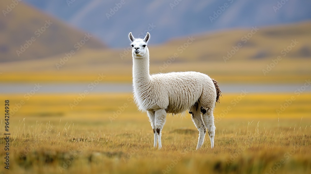 Fototapeta premium White Alpaca in a Mountain Meadow