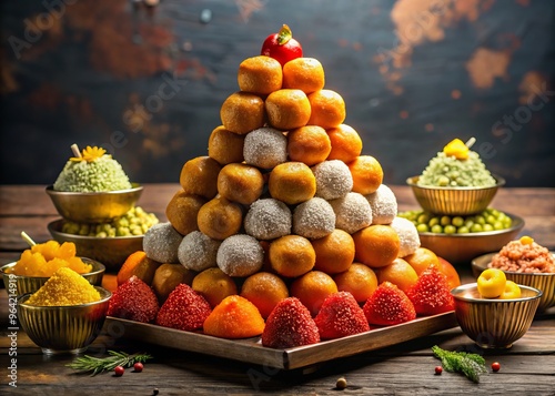 Colorful pyramid of Diwali sweets, adorned with silver and gold wrappers, overflowing with mixture of creamy motichoor laddus and vibrant gulab jamuns. photo