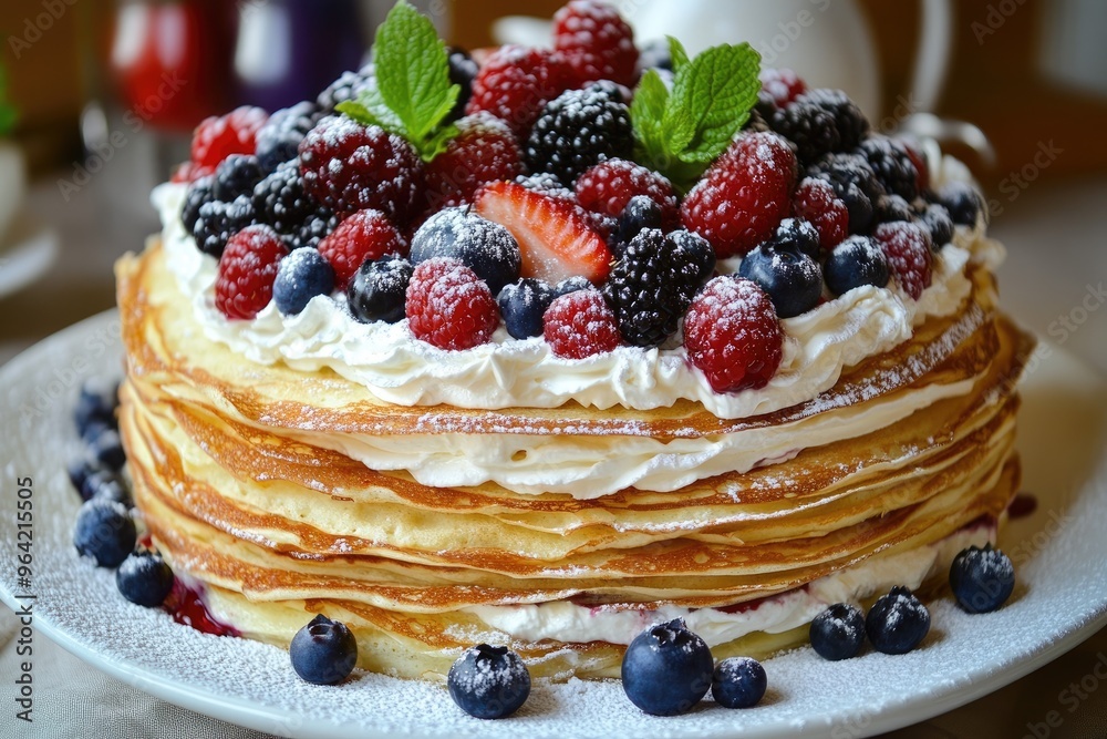 A multi layered crepe cake with alternating layers of whipped cream and mixed berries, dusted with powdered sugar