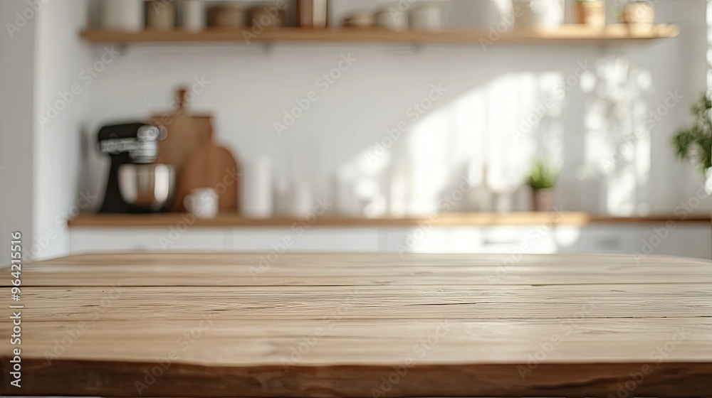 Natural wooden table Blurred background with family dining room and minimalist kitchen interior. Wooden table, kitchenware and appliances on furniture and shelves, white wall Natural wooden table Blurred background with family dining room and minimalist kitchen interior. Wooden table, kitchenware and appliances on furniture and shelves, white wall