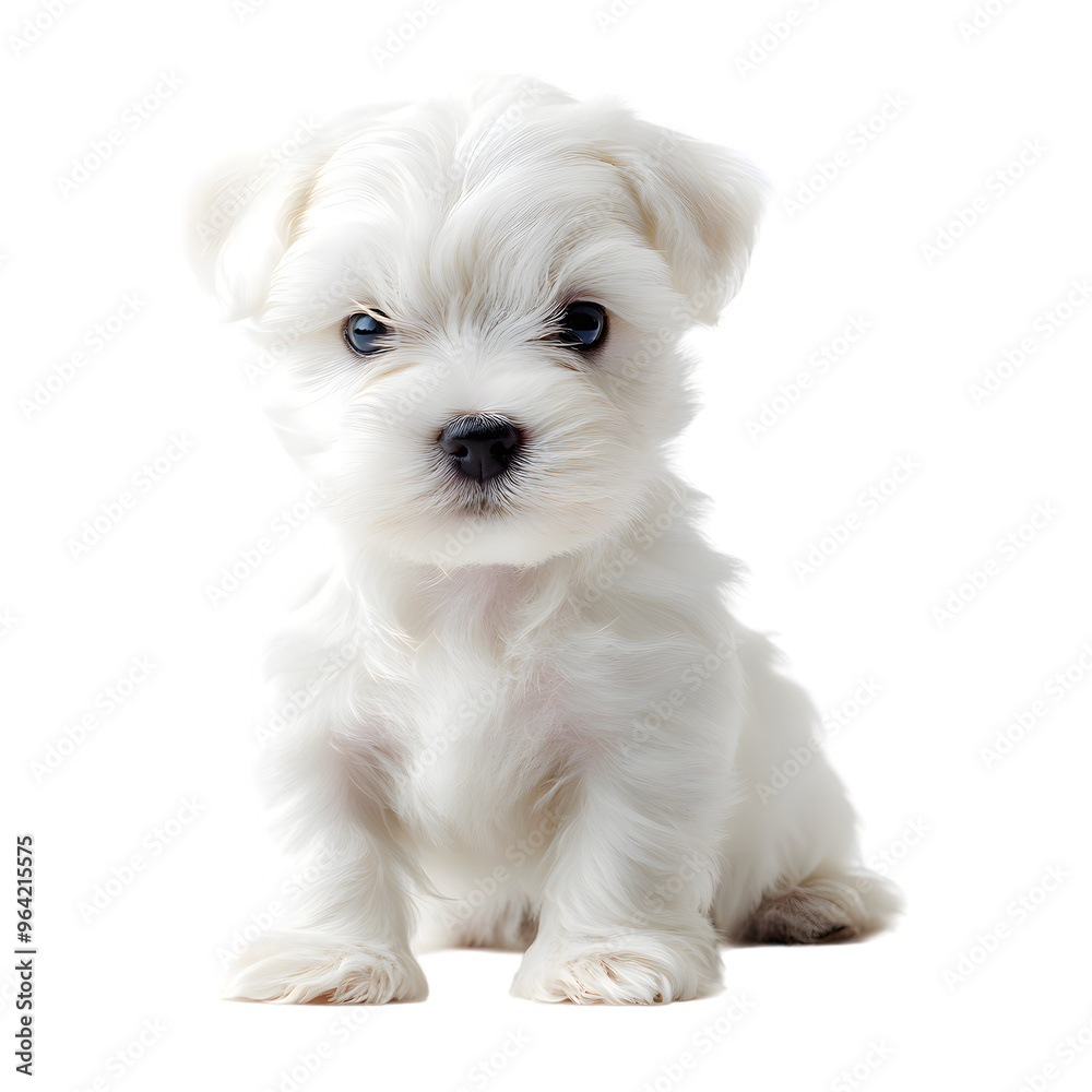 White Maltese Bichon puppy sitting looking at camera, isolated on transparent background
White Maltese Bichon puppy sitting looking at camera, isolated on transparent background