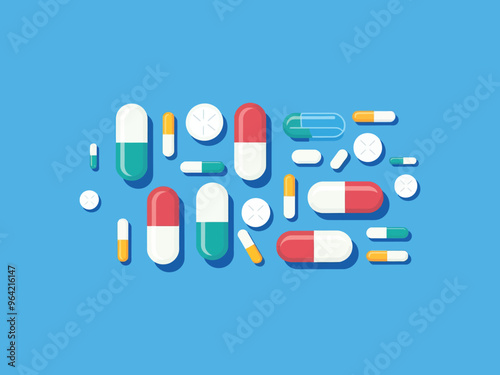 various pills and capsules of medicine, top view on blue background; safe drugs use and medical treatment concept