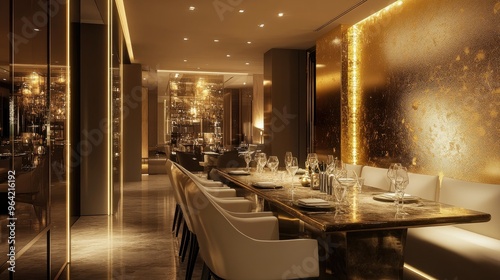 Photo of a modern dining table in an elegant room restaurant with luxurious gold walls