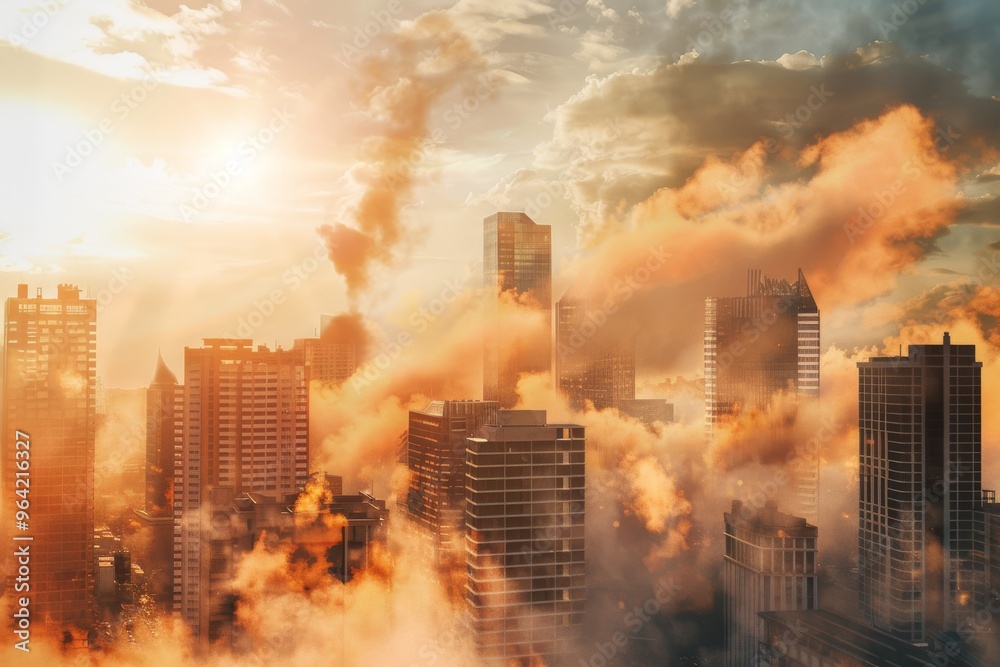 Obraz premium An urban skyline enveloped in dense, golden mist as sunlight shines through, creating a dreamlike atmosphere.