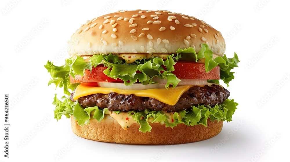 A realistic burger with layers of lettuce, tomato, and cheese on a white background. A realistic burger with layers of lettuce, tomato, and cheese on a white background.