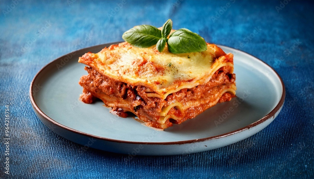 piece of lasagna in plate on bright background, delicious food piece of lasagna in plate on bright background, delicious food