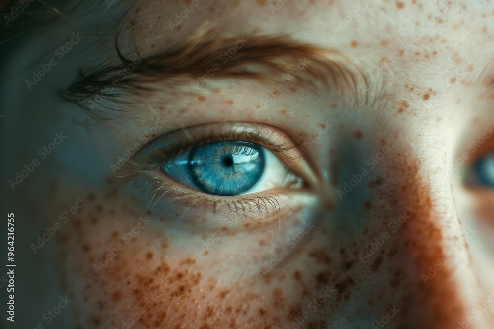 A close-up of a blue eye, surrounded by freckles, capturing a striking and detailed gaze full of life and wonder. A close-up of a blue eye, surrounded by freckles, capturing a striking and detailed gaze full of life and wonder.
