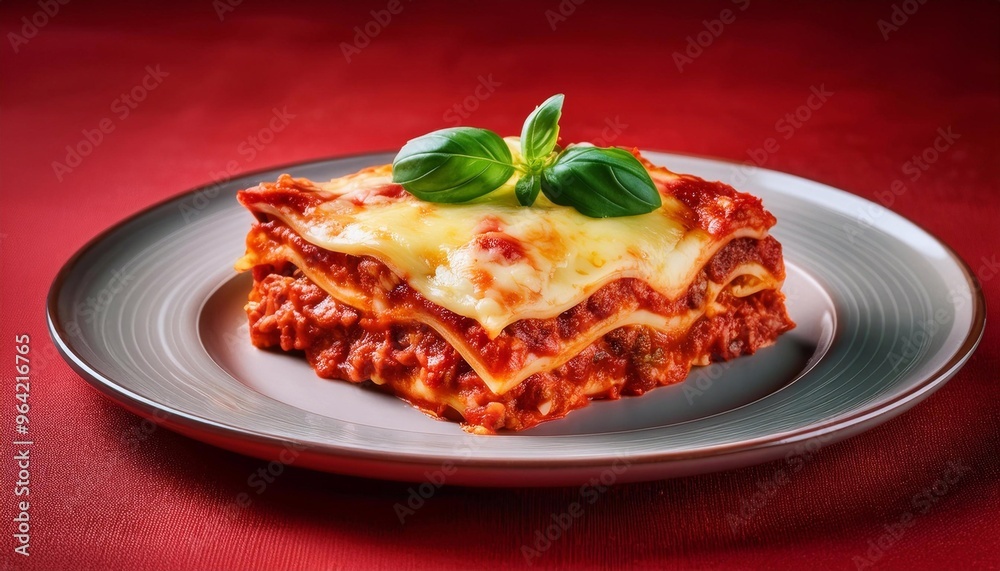 piece of lasagna in plate on bright background, delicious food piece of lasagna in plate on bright background, delicious food