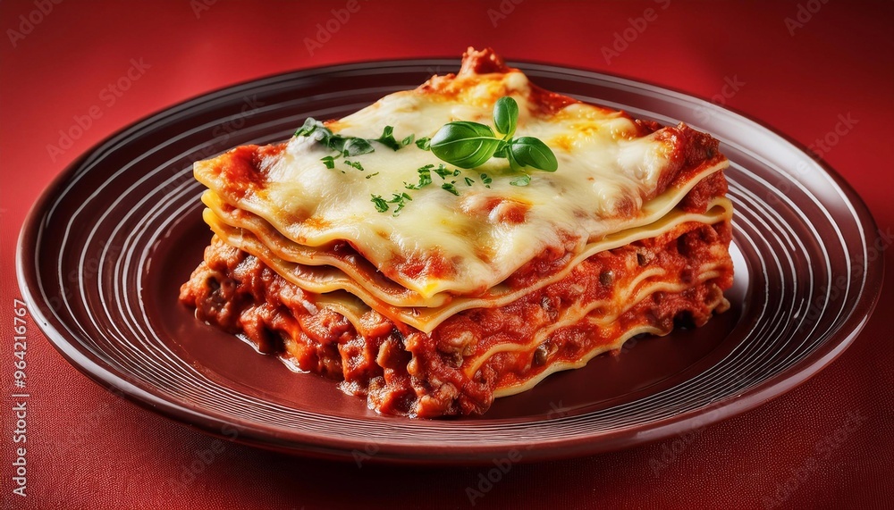 piece of lasagna in plate on bright background, delicious food piece of lasagna in plate on bright background, delicious food