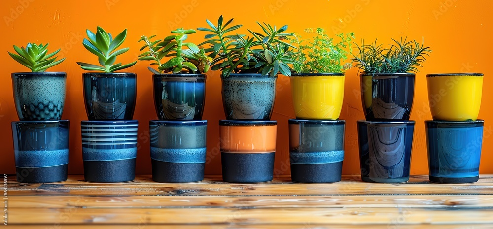 Collection of colorful potted succulents on a wooden shelf. Bright and modern decor idea for your home.