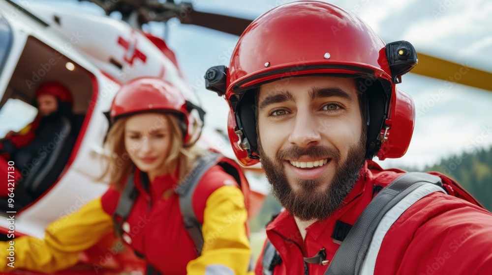 A man and woman in red helmets posing for a picture, AI A man and woman in red helmets posing for a picture, AI