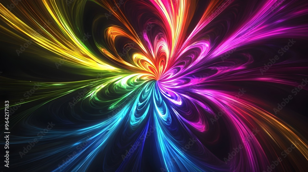 Glowing Fractal Patterns in Vivid Neon Contrast with Black Abstract Energy Burst Glowing Fractal Patterns in Vivid Neon Contrast with Black Abstract Energy Burst