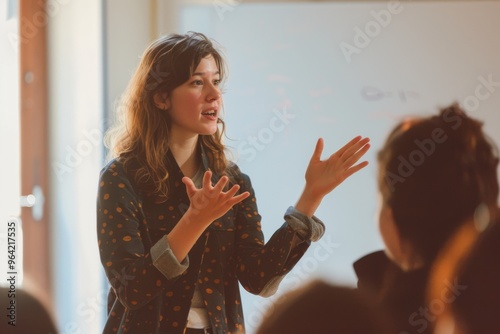 A woman passionately explaining with hand gestures in a well-lit room, engaging her audience in an interactive learning session.