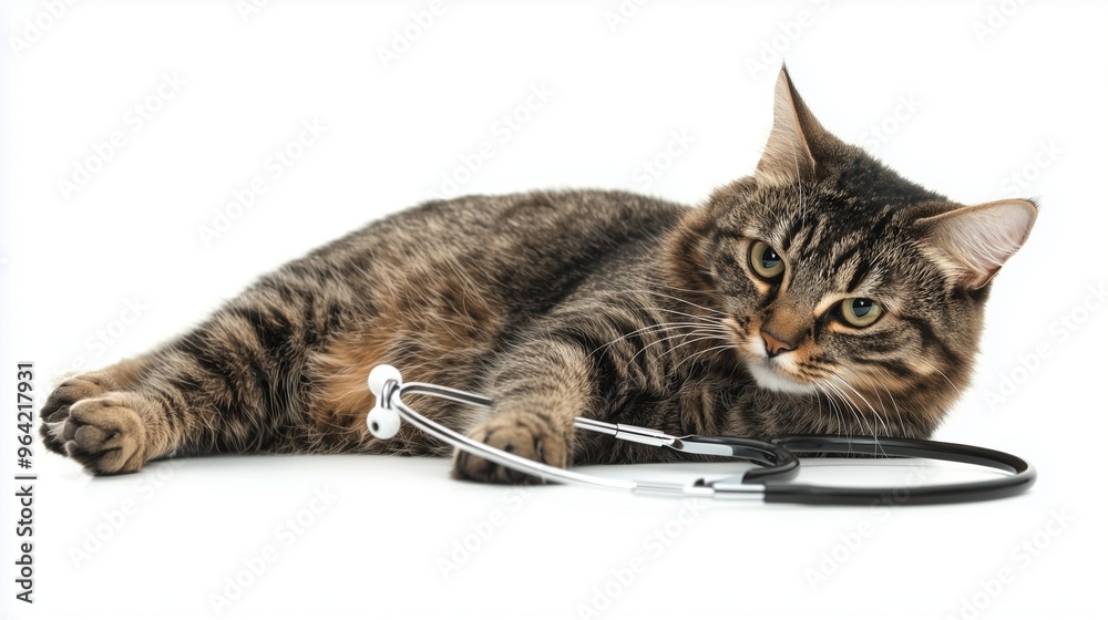 Professional Veterinarian Checking a Cat's Heartbeat with a Stethoscope, Isolated on White Background, Perfect for Pet Health Promotion Professional Veterinarian Checking a Cat's Heartbeat with a Stethoscope, Isolated on White Background, Perfect for Pet Health Promotion