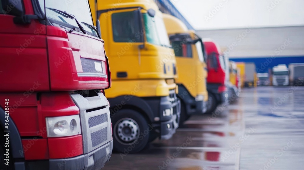 Naklejka premium Close up fleet of trucks parked in front of warehouse to delivering factory goods