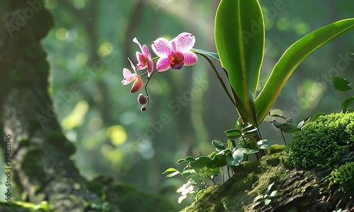 A vibrant orchid blooms on a moss-covered log in a sunlit forest.