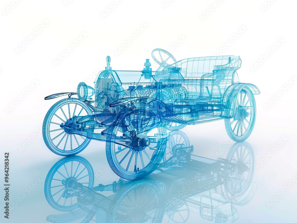 Fototapeta premium Car visualization with augmented reality Transparent car in studio drawing in blue colors, blueprint glowing neon hologram futuristic show technology security for premium product business financ