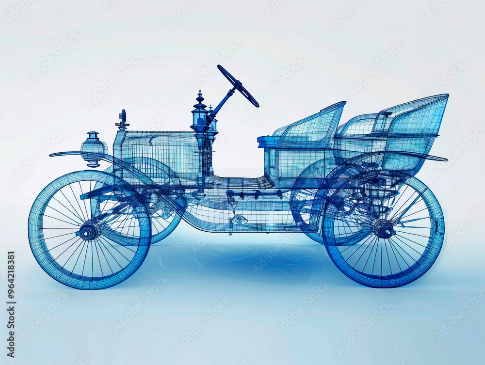 Fototapeta premium Car 1880s visualization with augmented reality Transparent car in studio drawing in blue colors, cutting edge modeling technology of visualisation