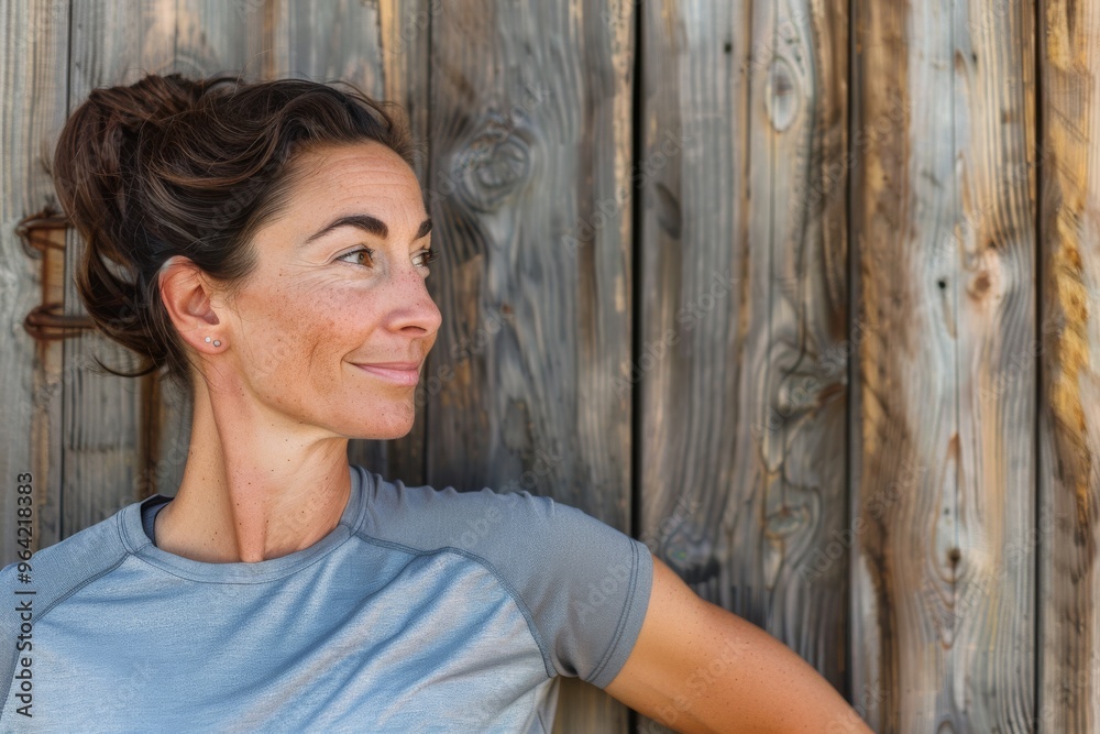 Fototapeta premium A woman leans casually against a wooden wall, exuding a sense of contentment and relaxed elegance in her casual athletic attire, set against a rustic background.