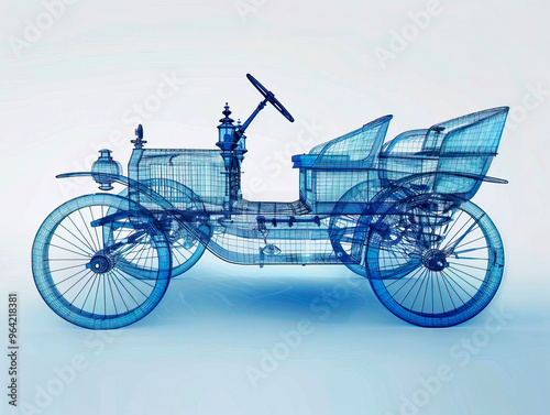 Car 1880s visualization with augmented reality Transparent car in studio drawing in blue colors, cutting edge modeling technology of visualisation