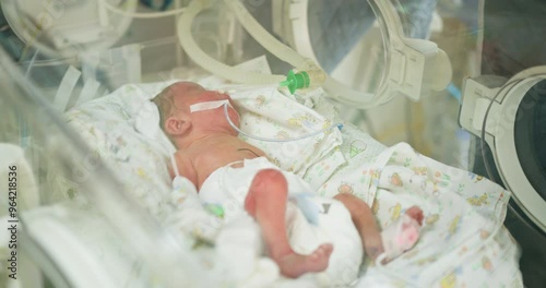 Premature newborn baby in neonatal intensive care unit incubator after c-section, receiving specialized medical care with oxygen support, illustrating newborn rescue and intensive care efforts. photo