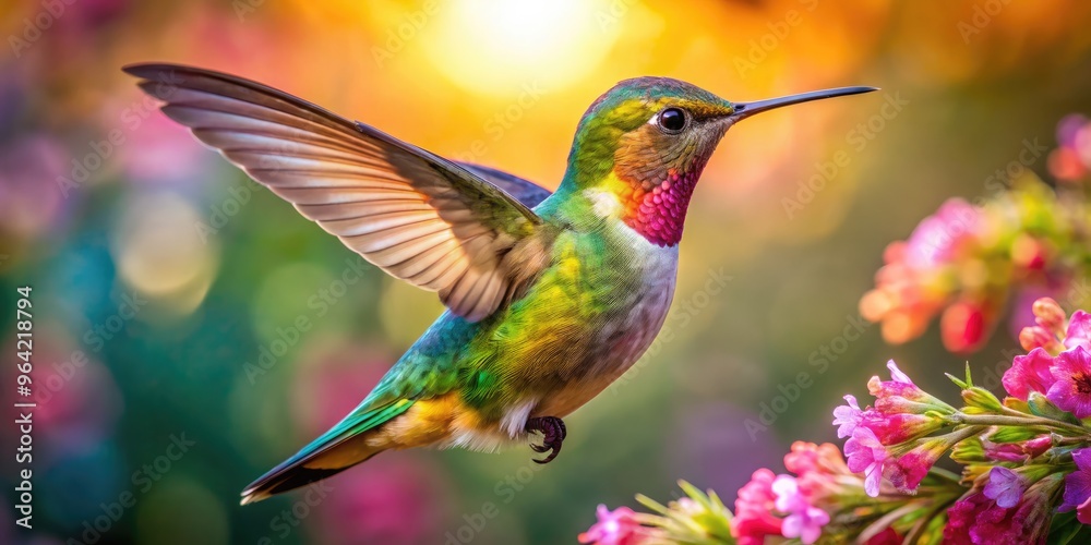 A Close-Up Of A Vibrant Hummingbird Hovering Near A Delicate Flower, Its Colorful Plumage Shimmering In The Sunlight. A Close-Up Of A Vibrant Hummingbird Hovering Near A Delicate Flower, Its Colorful Plumage Shimmering In The Sunlight.