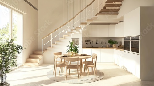 Simple kitchen with dining table in the center and stairs to the second floor. Cozy and comfortable home design. 3D illustration. photo