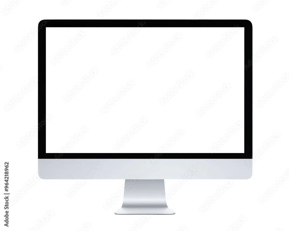 A blank desktop computer monitor isolated on a transparent background, representing modern technology and minimalism. A blank desktop computer monitor isolated on a transparent background, representing modern technology and minimalism.