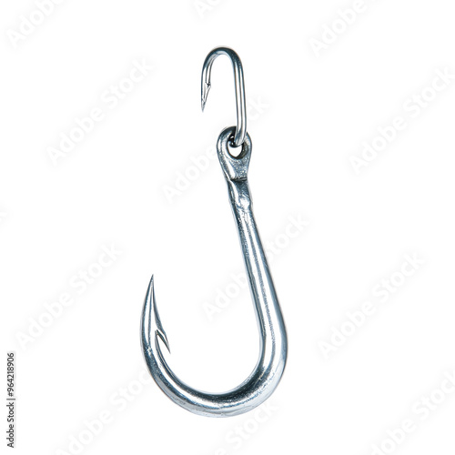 A shiny metal fishing hook hanging against photo