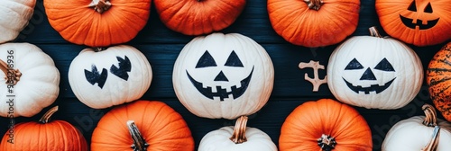 Various carved and uncarved pumpkins in vibrant orange and white colors are arranged on a black wooden background for Halloween festivities photo