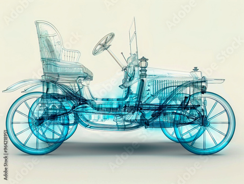 Car 1880s visualization with augmented reality Transparent car in studio drawing in blue colors, cutting edge modeling technology of visualisation