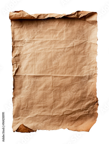 A crumpled brown paper sheet with rough edges on a transparent background, featuring a rustic and vintage texture.