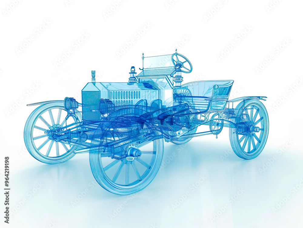 Fototapeta premium Car 1890s visualization with augmented reality Transparent car in studio drawing in blue colors blueprint glowing neon hologram futuristic show technology security for premium product business finance