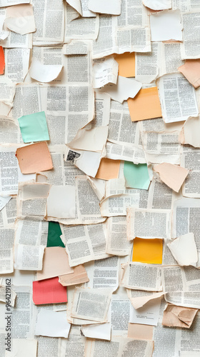 Scattered book pages and colorful paper notes arranged in a textured collage, symbolizing creativity and information.