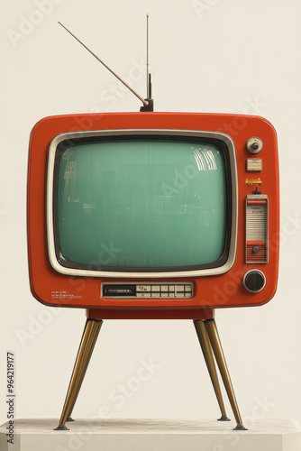 A retro red television with an antenna and dials, standing on mid-century legs, evoking nostalgia and vintage entertainment.