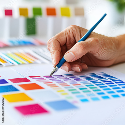 A hand using a paintbrush to work on a vibrant color palette, representing creativity, design, and artistic precision.
