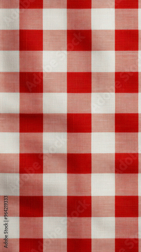 Red and white checkered fabric with a classic gingham pattern, evoking tradition and nostalgia.