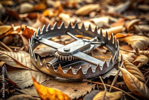 A Close-Up Shot Of A Metal Bear Trap With Sharp Teeth, Partially Buried In Dry Leaves And Twigs