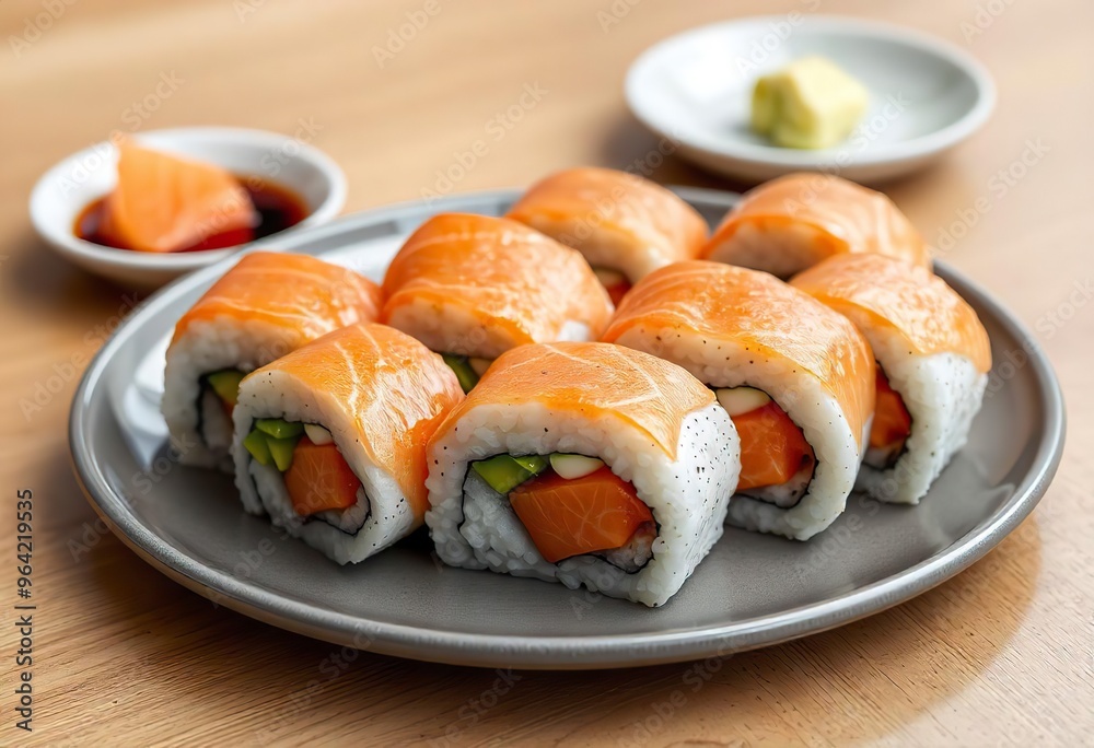 Sushi rolls salmon roll sushi presentation Ai generated Sushi rolls salmon roll sushi presentation Ai generated