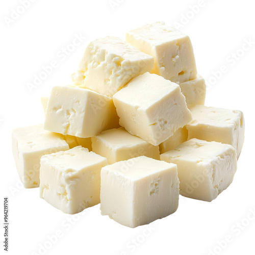 A pile of fresh feta cheese cubes on a transparent background. 