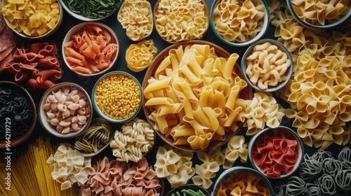 Overhead view of a variety of different types of pasta
