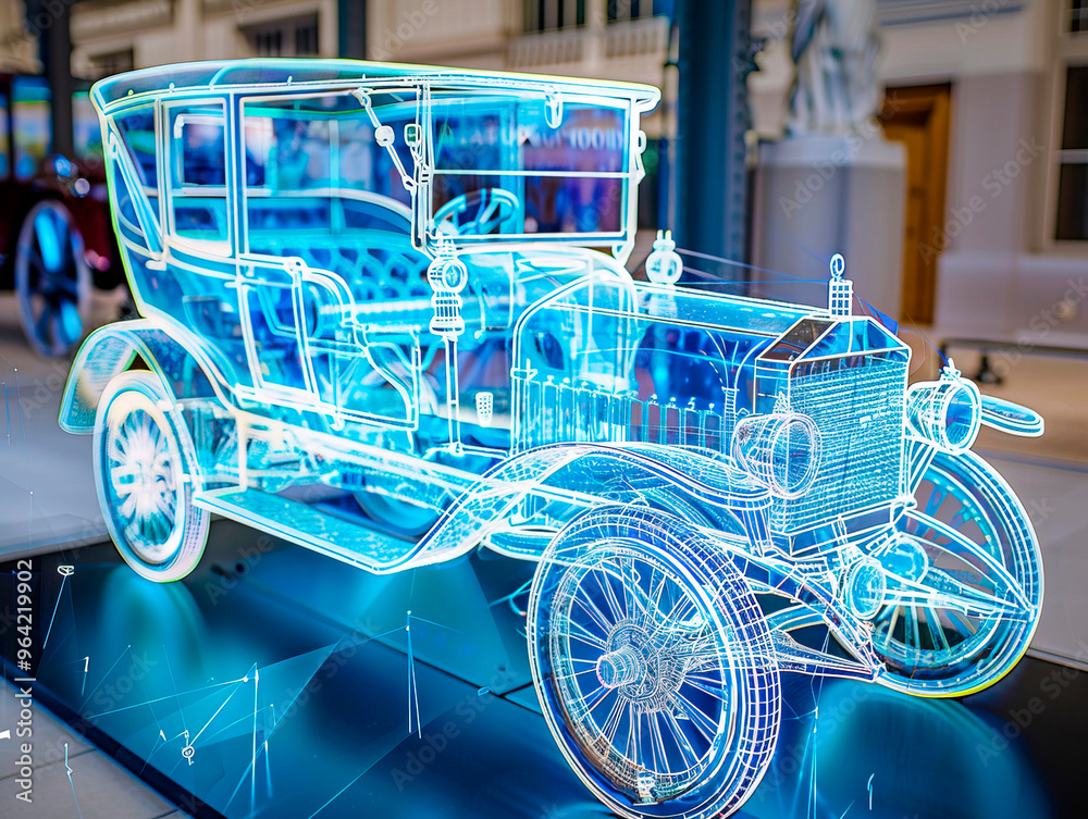 Fototapeta premium Car 1900s visualization with augmented reality Transparent car in studio drawing in blue colors blueprint glowing neon hologram futuristic show technology security for premium product business finance