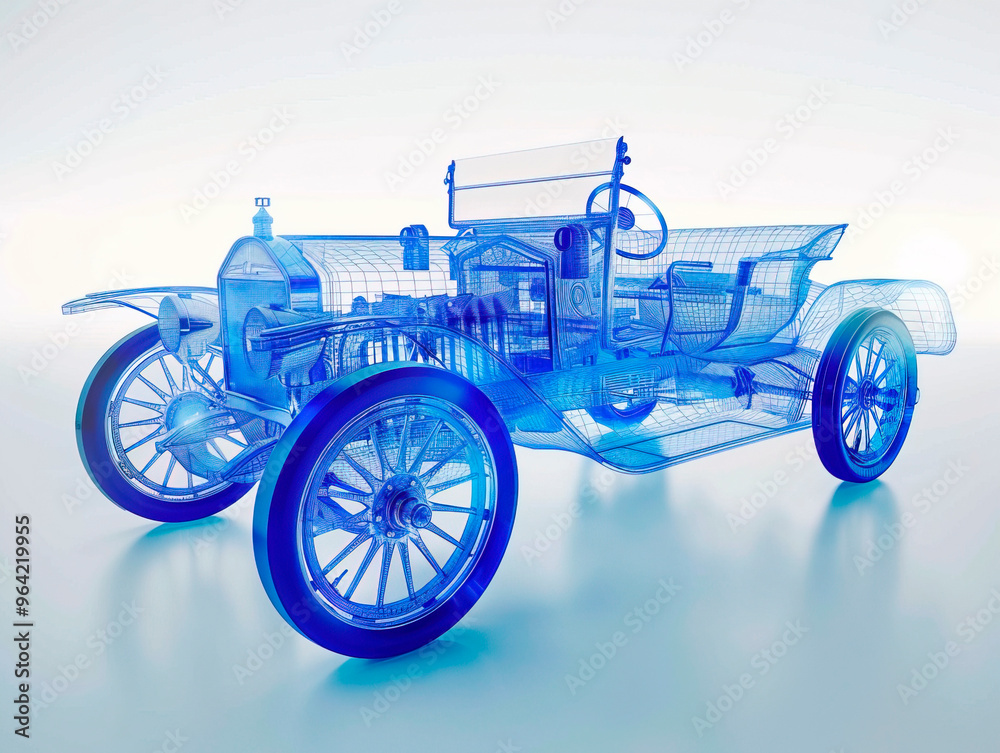 Car 1900s visualization with augmented reality Transparent car in studio drawing in blue colors blueprint glowing neon hologram futuristic show technology security for premium product business finance Car 1900s visualization with augmented reality Transparent car in studio drawing in blue colors blueprint glowing neon hologram futuristic show technology security for premium product business finance
